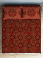 SPACES Aurum Red Ethnic Motifs Pure Cotton 140 TC Queen Bedsheet with 2 Pillow Covers | Grocsy