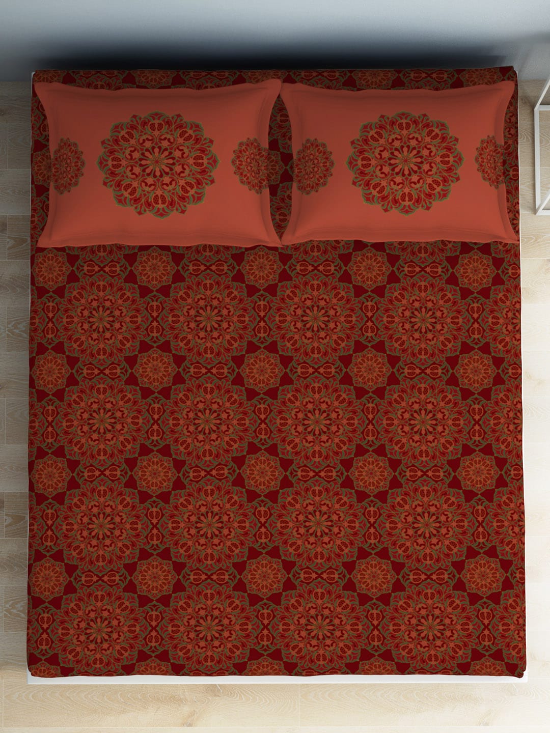 SPACES Aurum Red Ethnic Motifs Pure Cotton 140 TC Queen Bedsheet with 2 Pillow Covers | Grocsy