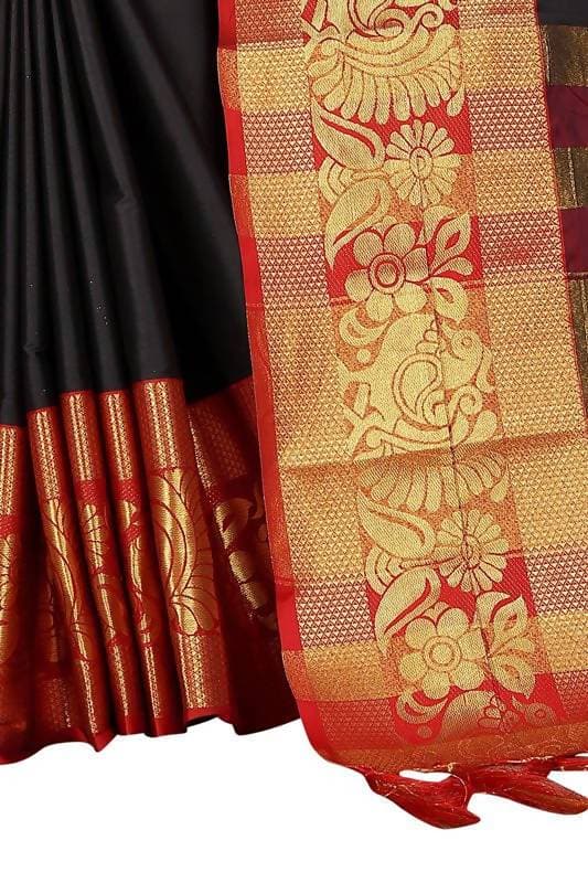Vamika Banarasi Cotton Silk Weaving Black Saree (DOCTOR MOR BLACK) | Grocsy