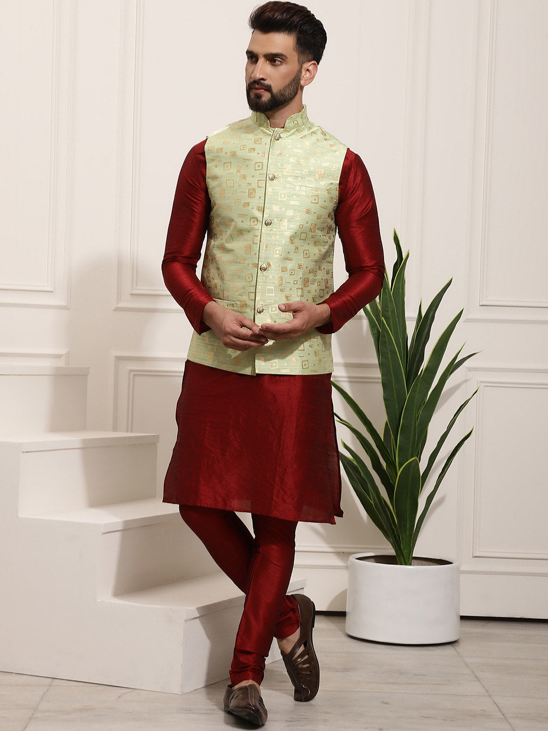 Sojanya Men Maroon Solid Kurta Set & Nehru Jacket | Grocsy