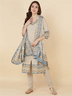 HERE&NOW Women Beige Printed Pure Cotton Kurta with Churidar & With Dupatta | Grocsy
