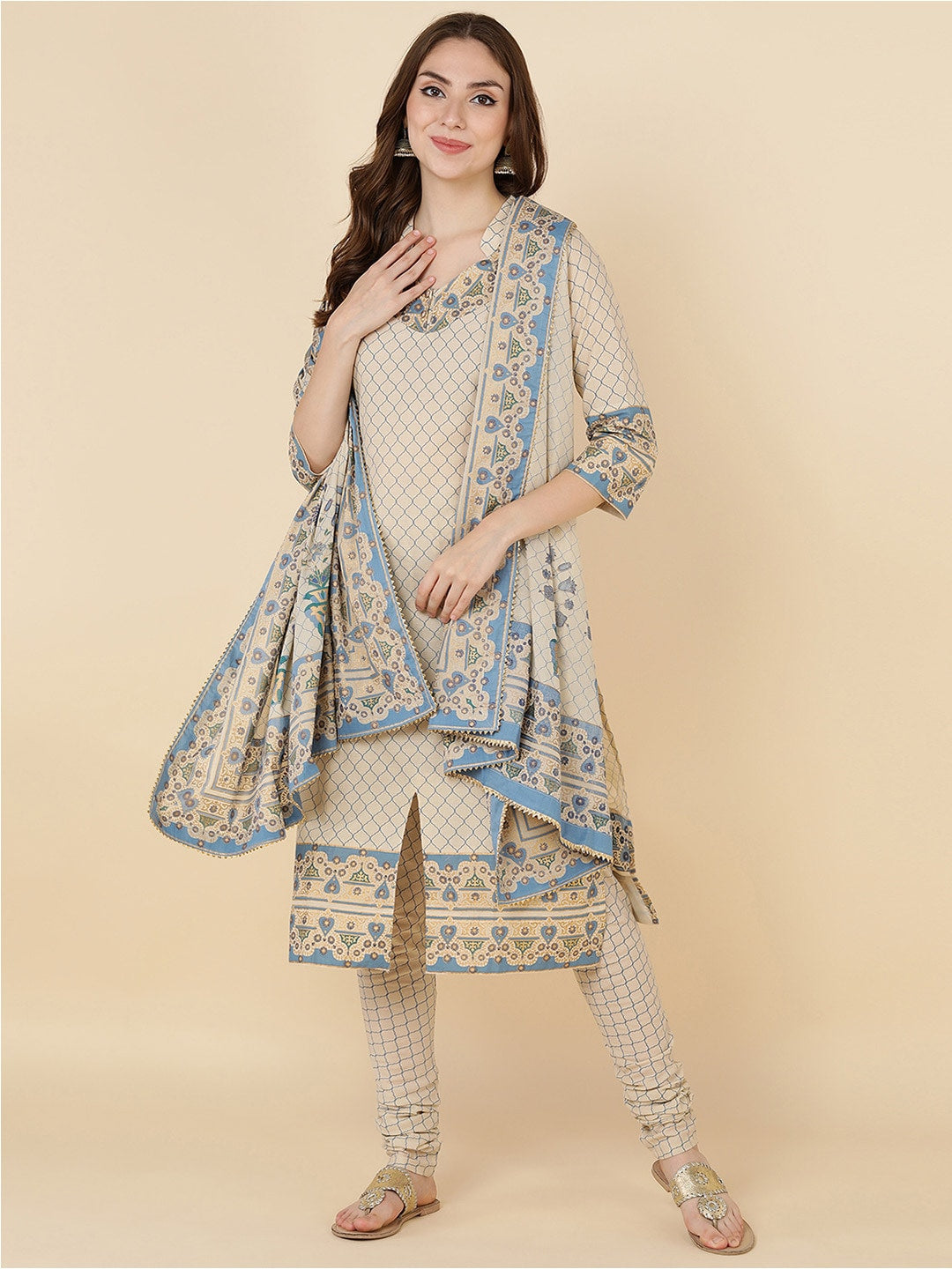 HERE&NOW Women Beige Printed Pure Cotton Kurta with Churidar & With Dupatta | Grocsy