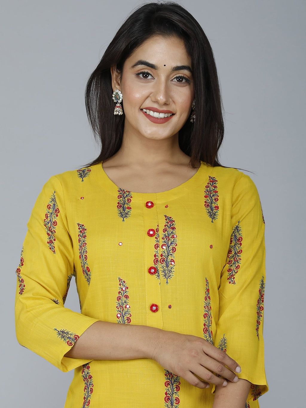 HERE&NOW Women Mustard Yellow Floral Mirror Work Floral Kurta | Grocsy