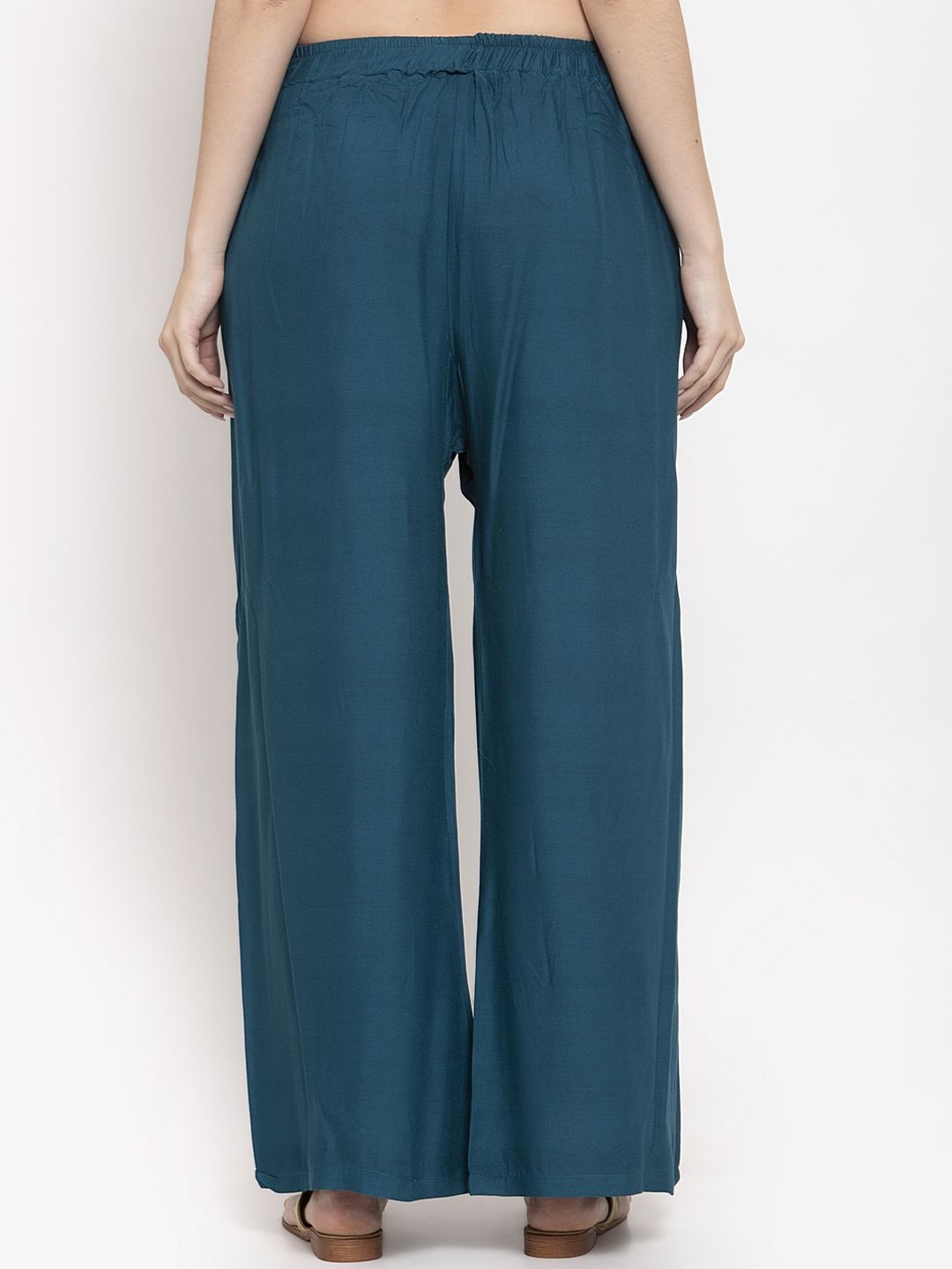 TAG 7 Women Set Of 2 Navy Blue & Peach-Coloured Solid Wide Leg Palazzos | Grocsy