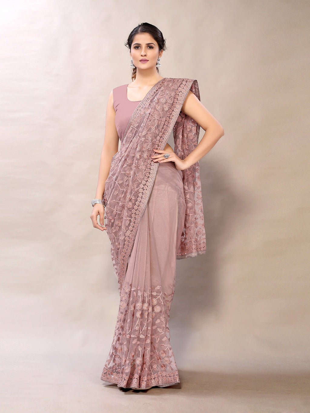 Sangria Pink Floral Net Embroidered Heavy Work Saree | Grocsy