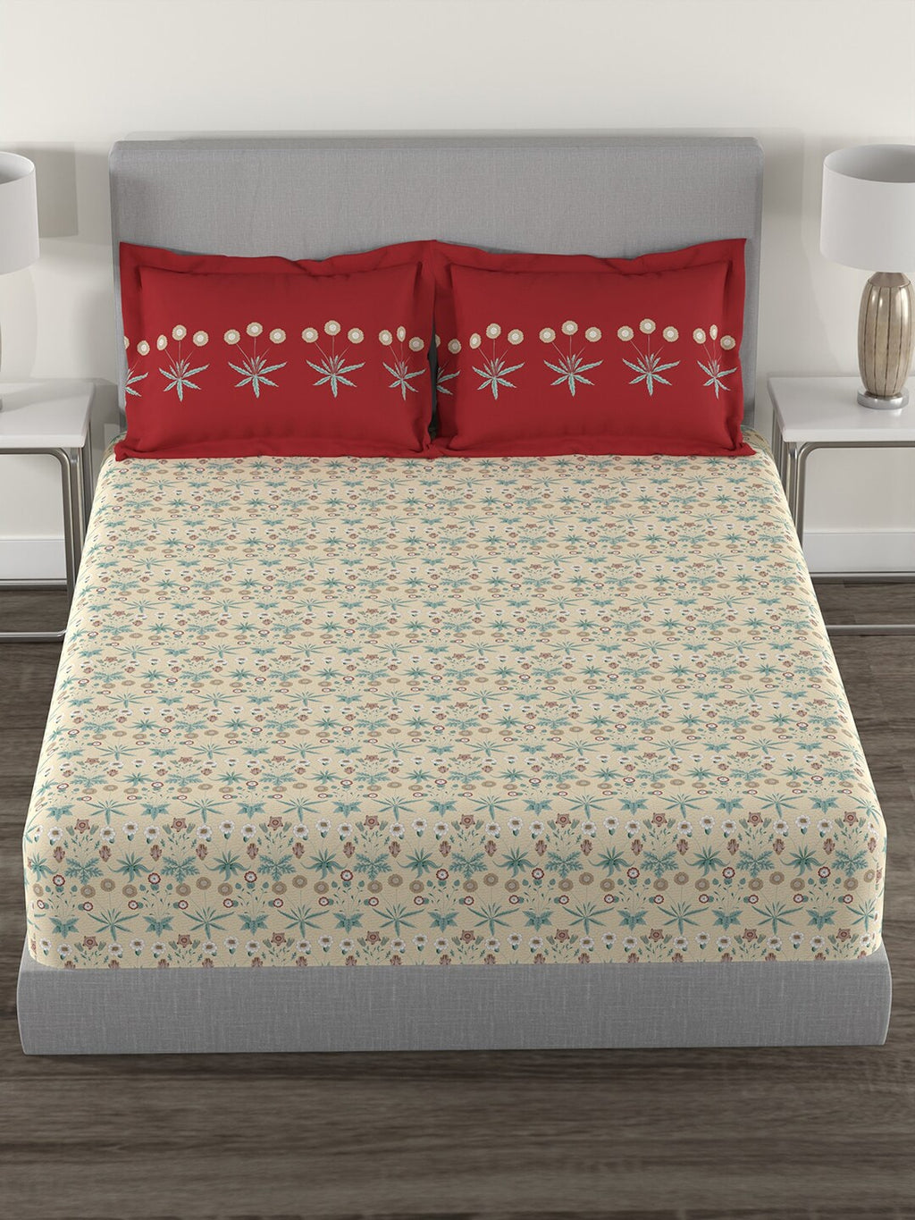 MYTRIDENT Beige Green Floral Cotton 144 TC Queen Bedsheet With 2 Pillow Covers | Grocsy