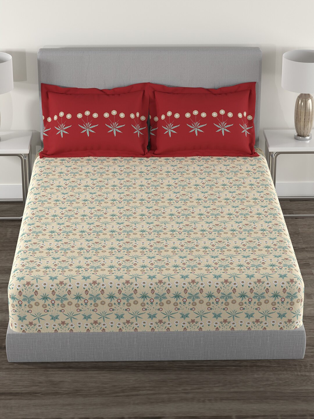 MYTRIDENT Beige Green Floral Cotton 144 TC Queen Bedsheet With 2 Pillow Covers | Grocsy