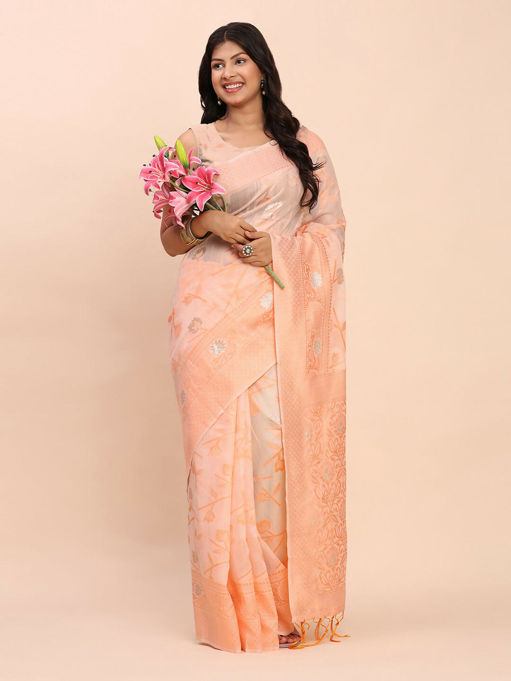 Shree Shyam Fashion Linen Cotton Peach Saree | Grocsy