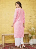 ADA Women Pink & White Chikankari Embroidered Straight Sustainable Handloom Kurta | Grocsy
