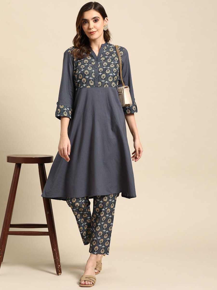 All About You Women Motifs Yoke Design A-Line Kurta with Trousers | Grocsy
