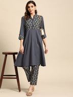 All About You Women Motifs Yoke Design A-Line Kurta with Trousers | Grocsy