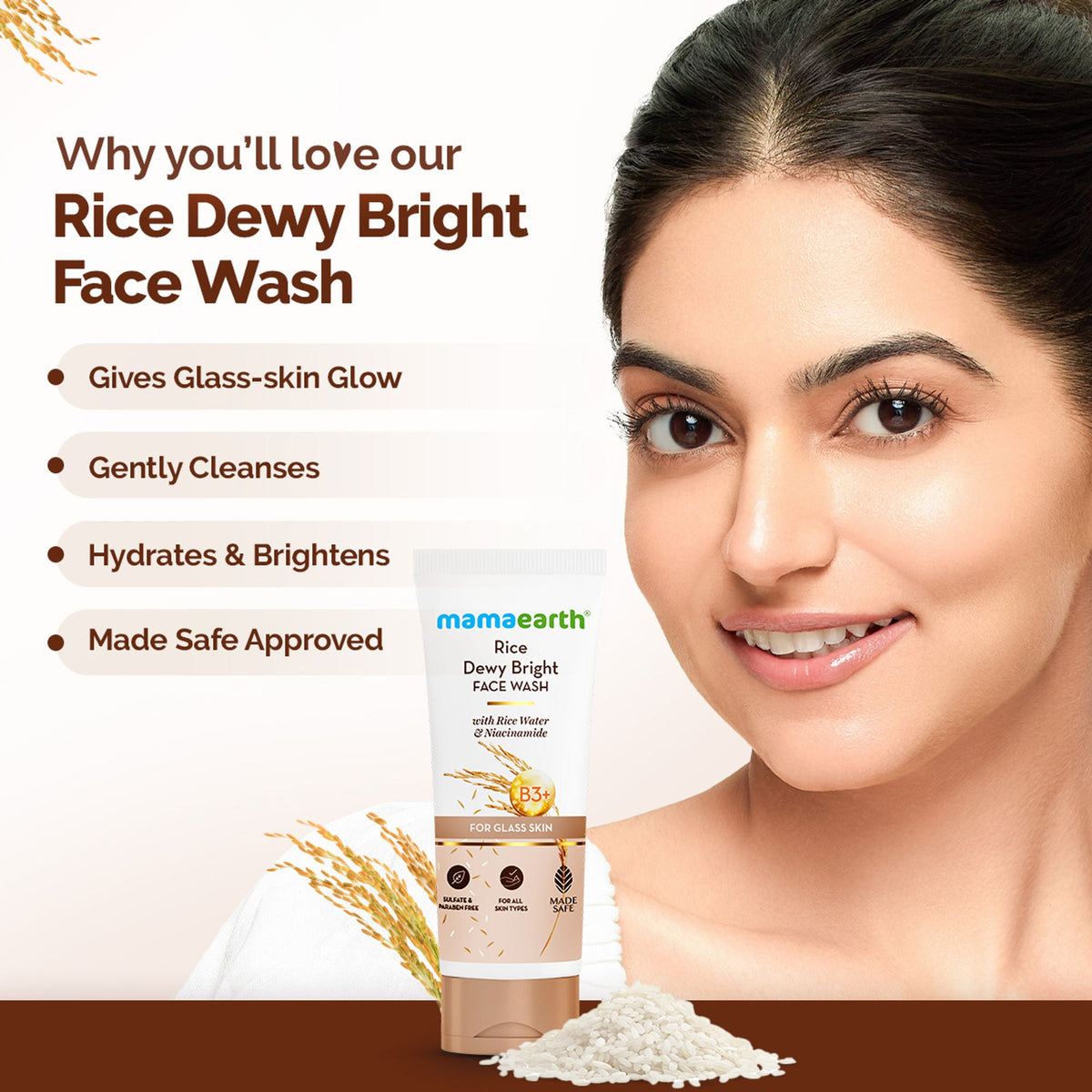 Mamaearth Rice Dewy Bright Face Wash With Rice Water & Niacinamide | Grocsy