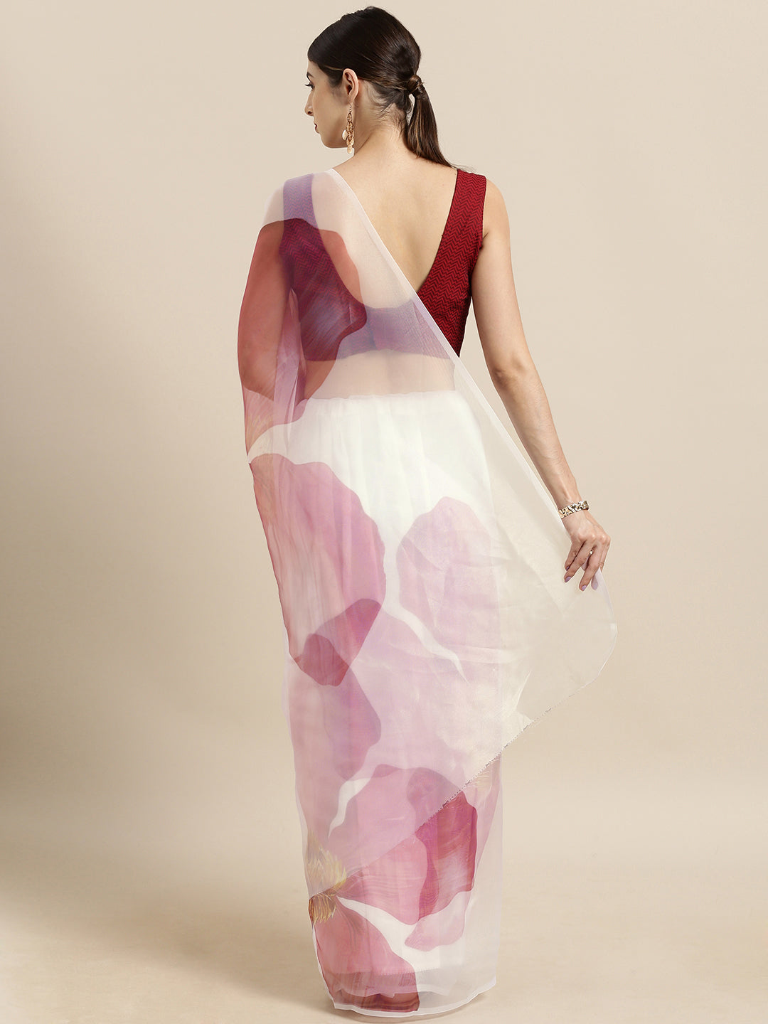 Tikhi Imli White & Pink Organza Printed Saree | Grocsy