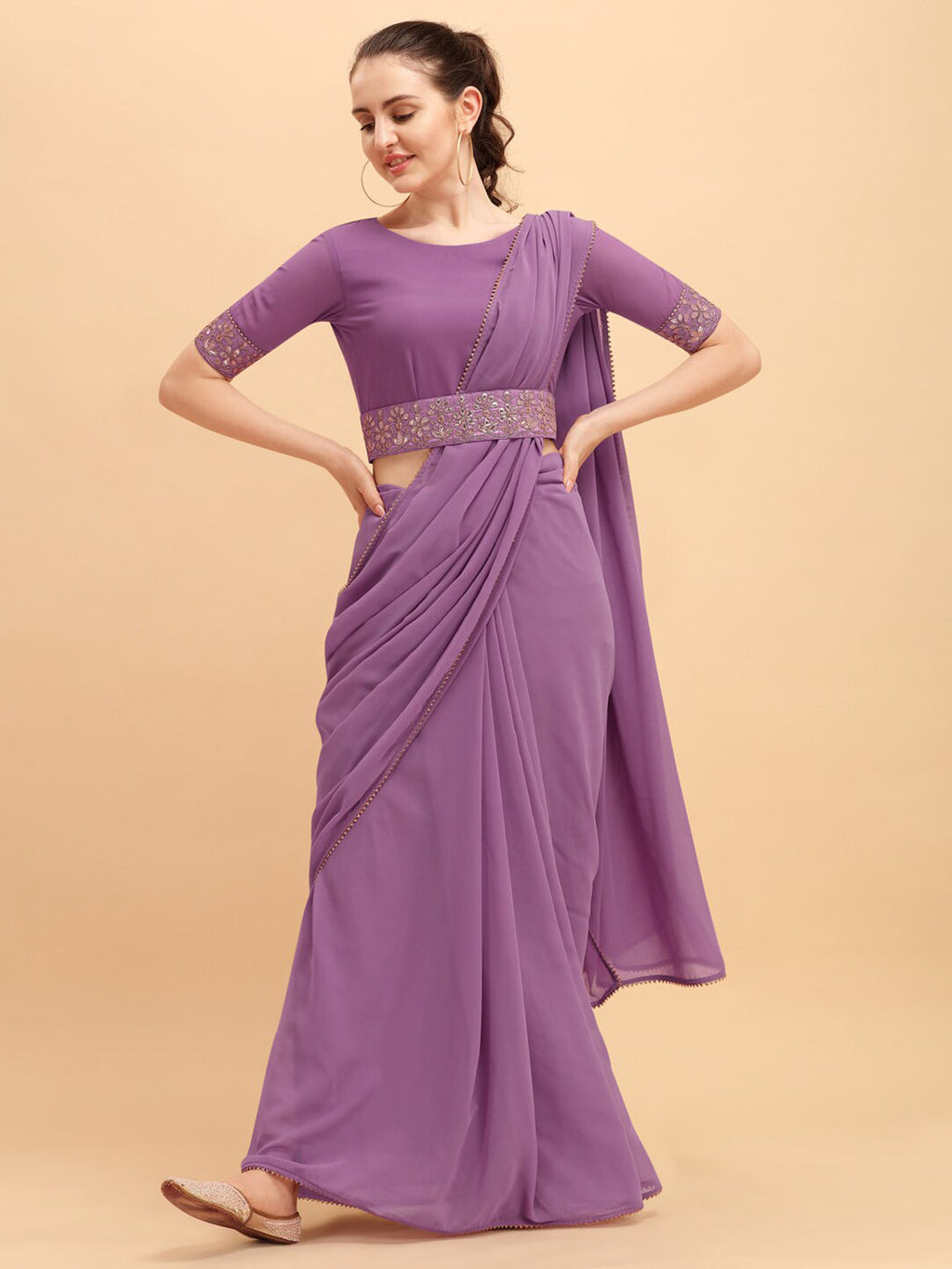 Sangria Women Purple Solid Georgette Saree with Embellished Belt | Grocsy
