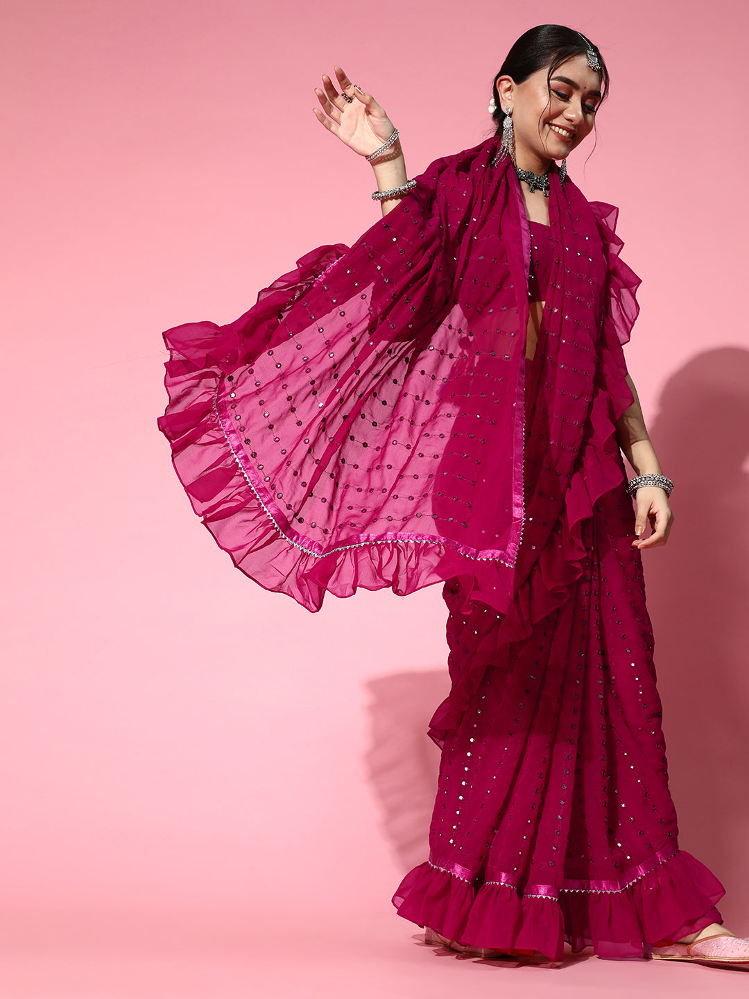 Tikhi Imli Embellished Poly-Georgette Saree with Solid border | Grocsy