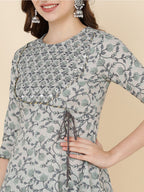 HERE&NOW Women Grey & Olive Green Embroidered Angrakha Kurta with Trousers & With Dupatta | Grocsy