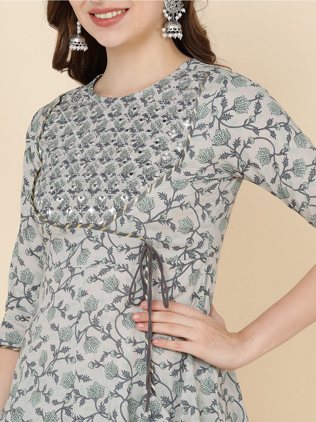 HERE&NOW Women Grey & Olive Green Embroidered Angrakha Kurta with Trousers & With Dupatta | Grocsy