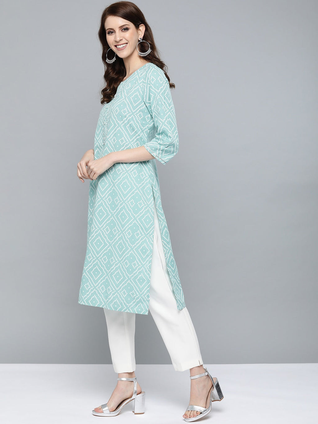 HERE&NOW Women Green & White Bandhani Print Straight Kurta | Grocsy