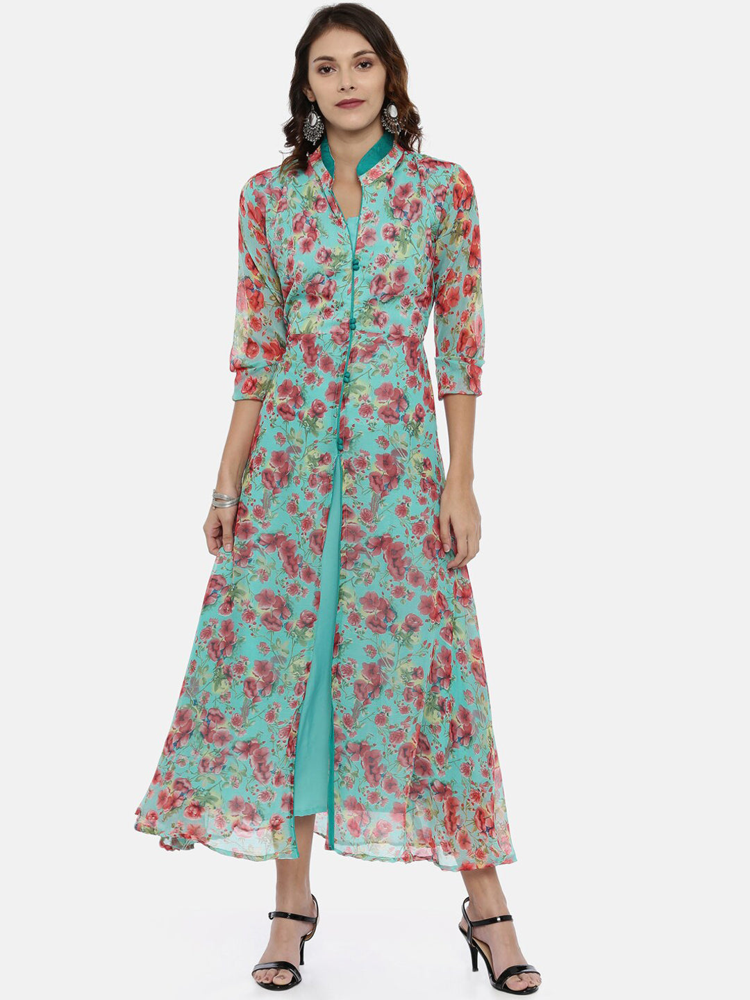 Souchii Women Turquoise Blue & Pink Floral Print Ethnic Maxi Dress | Grocsy