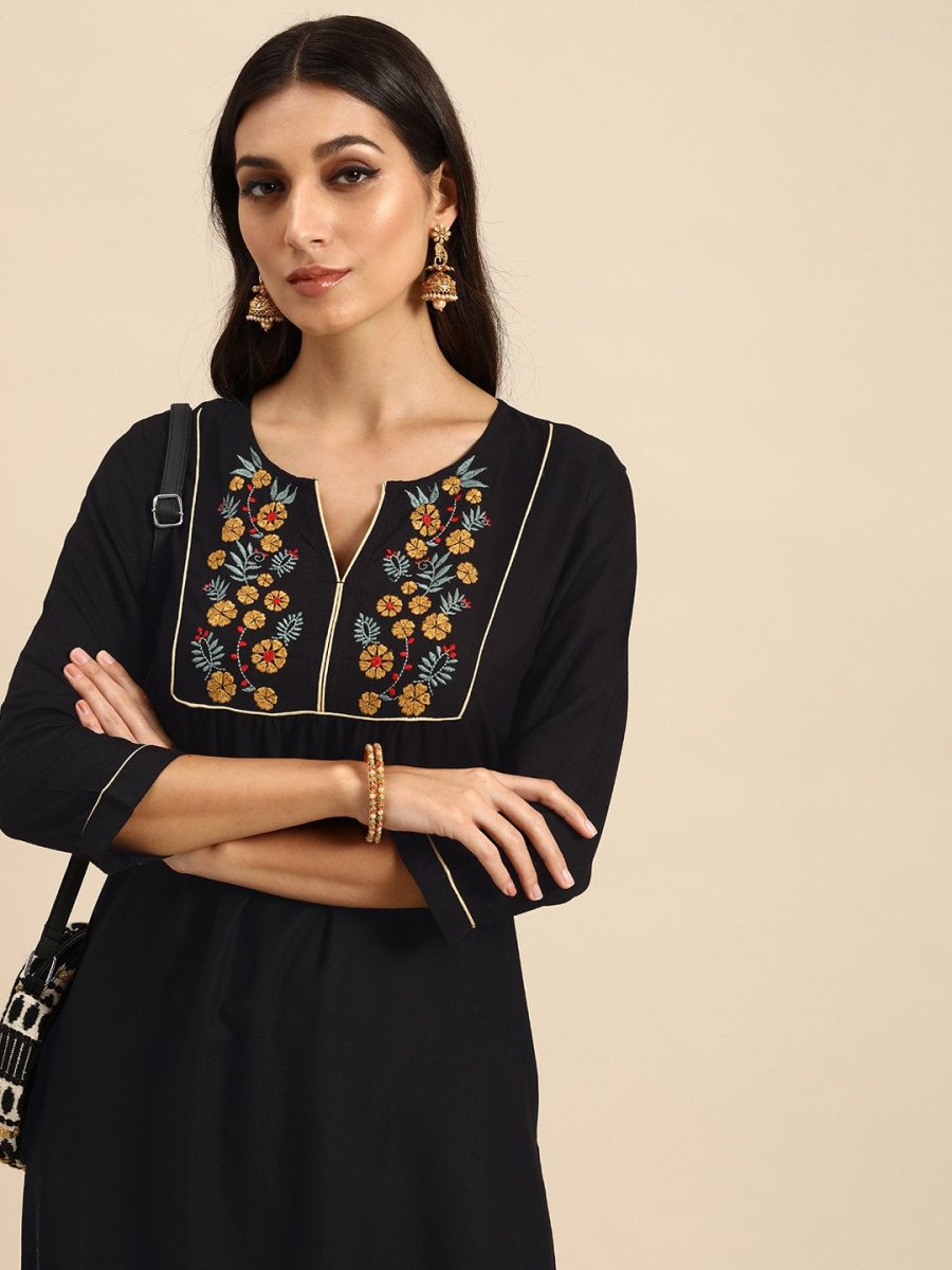All About You Women Black Floral Yoke Design Embroidered Thread Work Straight Kurta | Grocsy