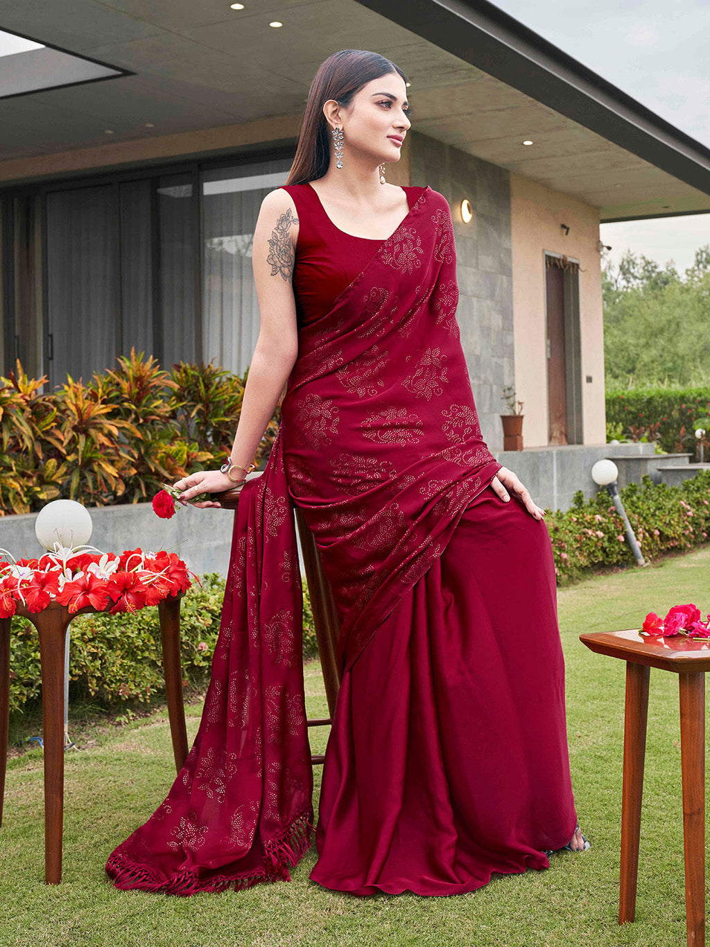 Tikhi Imli Embellished Half and half Satin Saree With Tassels | Grocsy