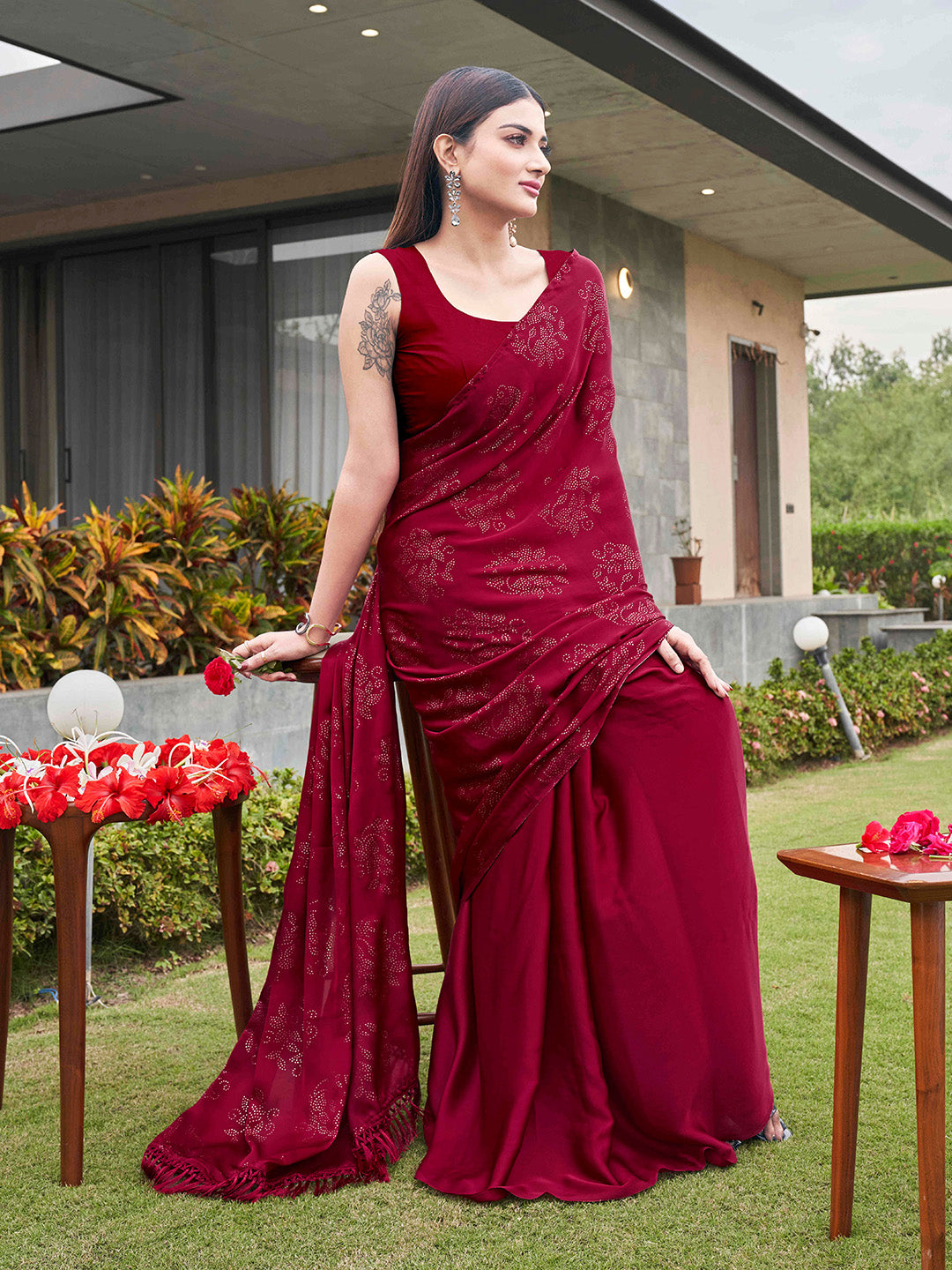 Tikhi Imli Embellished Half and half Satin Saree With Tassels | Grocsy