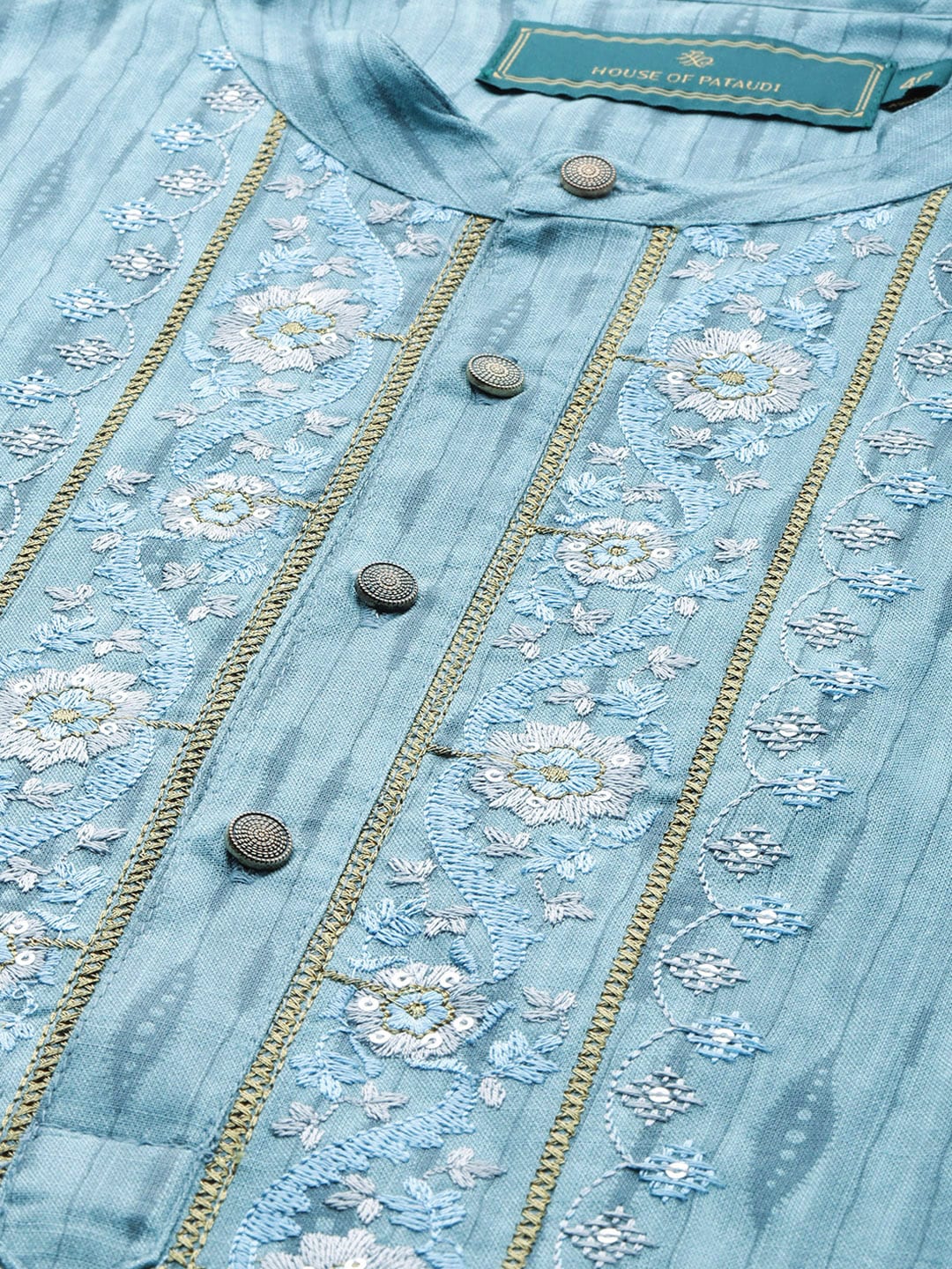 House of Pataudi Jashn Zari Work Sequined Detail Floral Embroidered Kurta | Grocsy