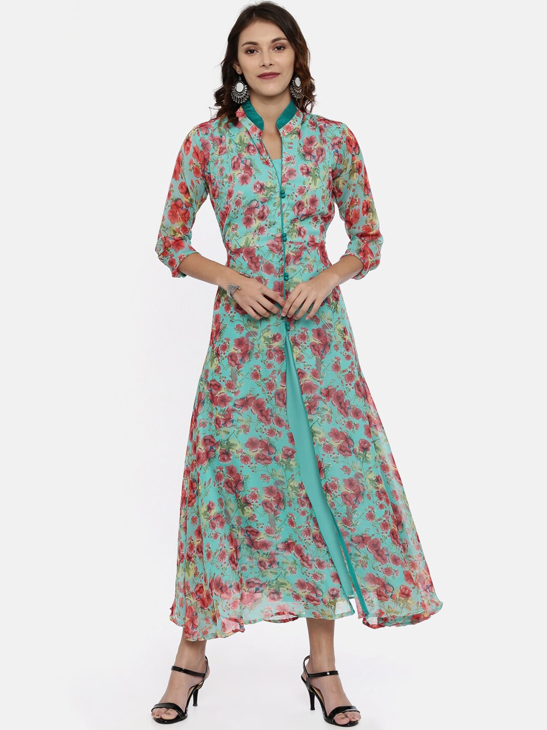 Souchii Turquoise Blue & Pink Floral Print Ethnic Maxi Dress | Grocsy