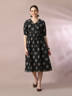 Myshka Women's Black Printed Cotton V-Neck Empire Party Dress | Grocsy