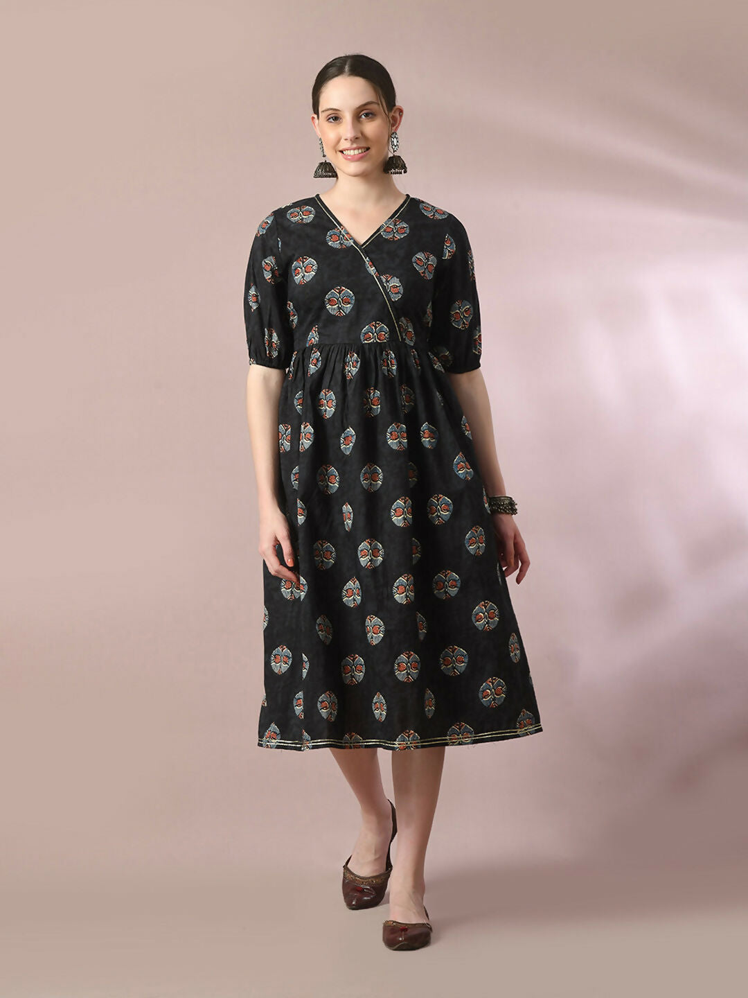 Myshka Women's Black Printed Cotton V-Neck Empire Party Dress | Grocsy