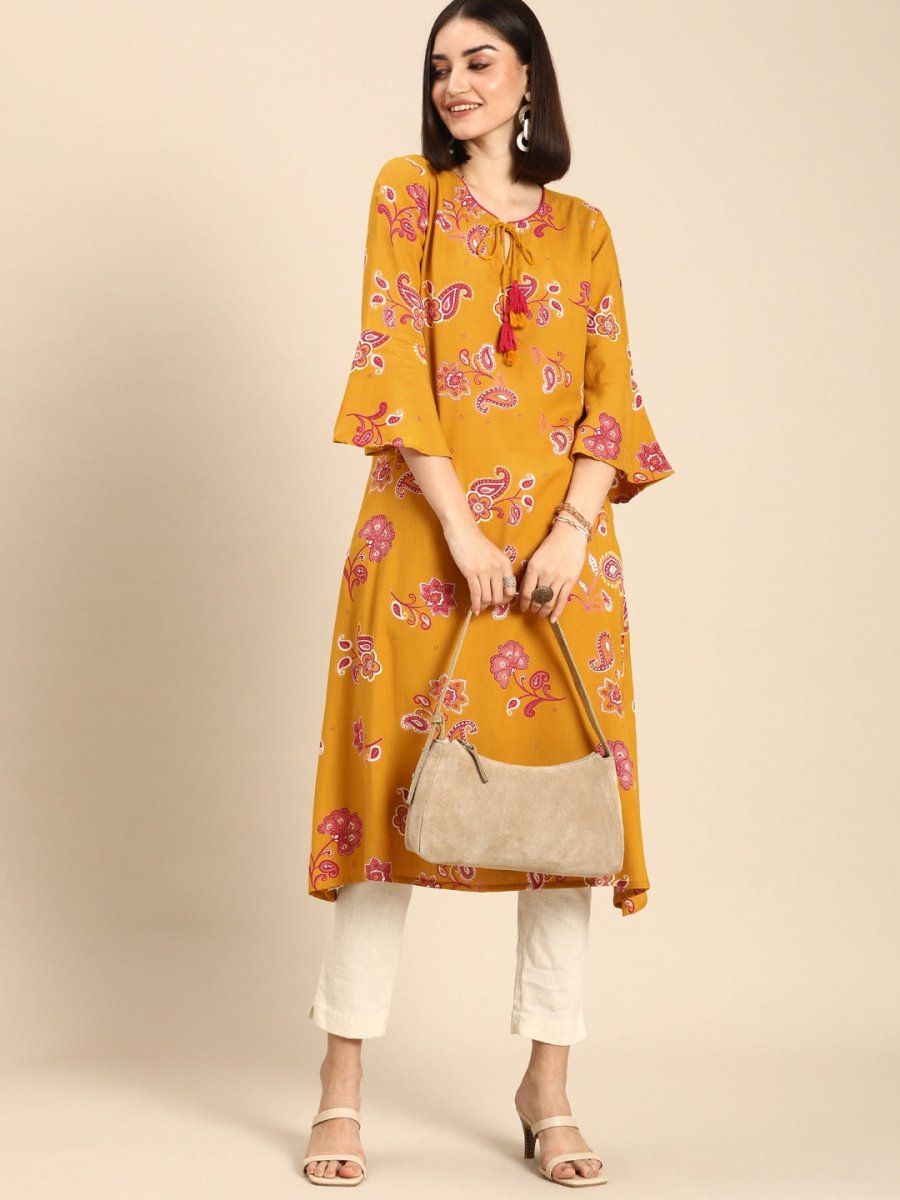 All About You Women Mustard Yellow Ethnic Motifs Printed Flared Sleeves Kurta | Grocsy