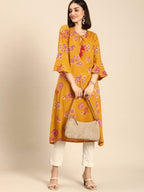 All About You Women Mustard Yellow Ethnic Motifs Printed Flared Sleeves Kurta | Grocsy