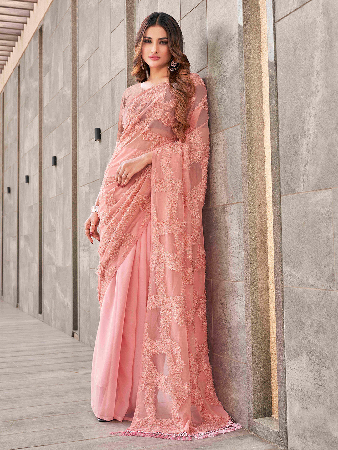 Tikhi Imli Peach Abstract Woven Design Half And Half Saree | Grocsy