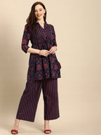 All About You Women Blue & Pink Bandhani Printed Pleated Kurti with Palazzos | Grocsy
