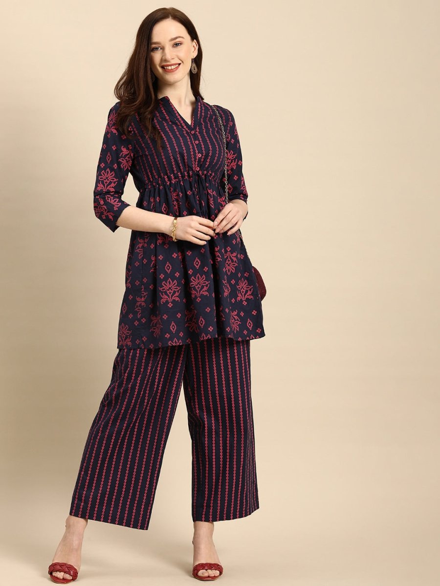All About You Women Blue & Pink Bandhani Printed Pleated Kurti with Palazzos | Grocsy