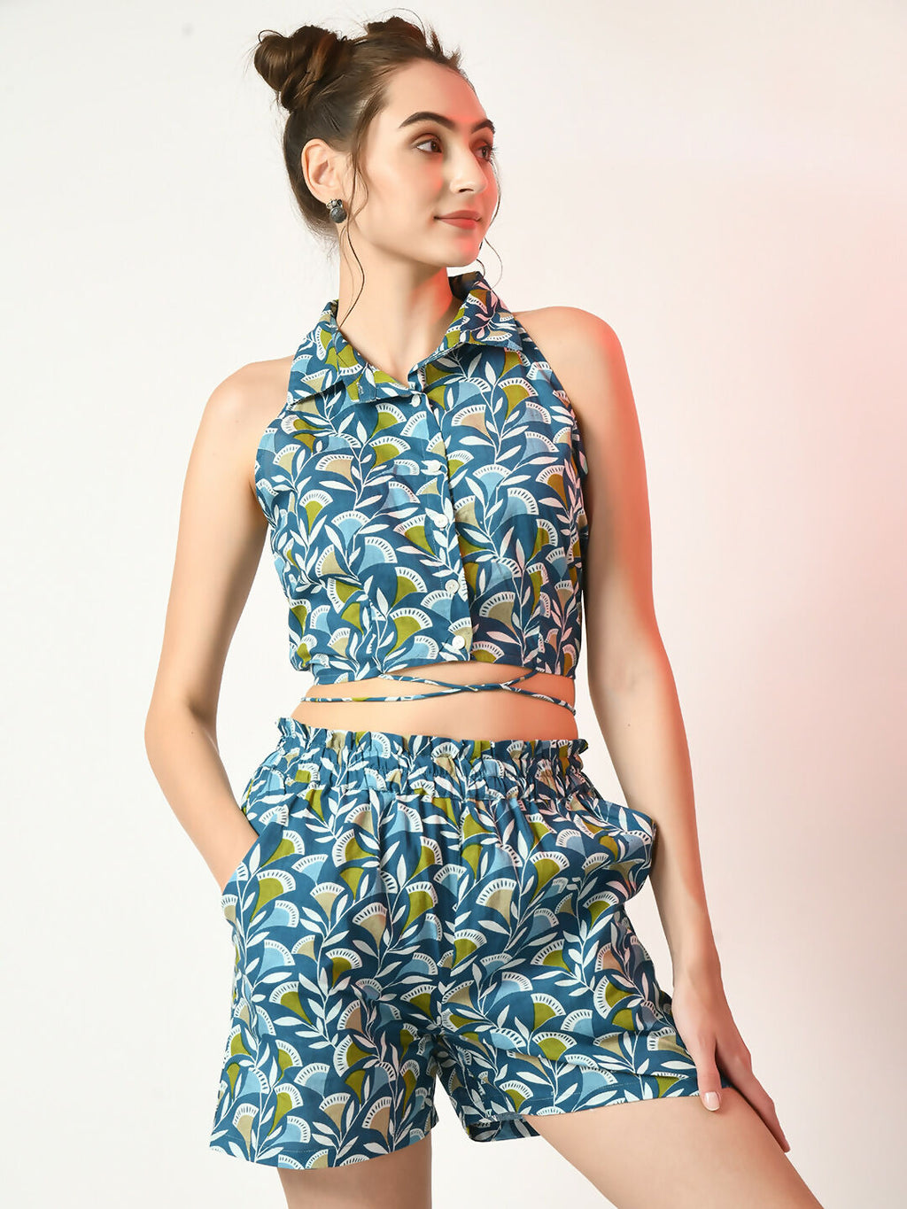 Myshka Women's Blue Printed Top With Shorts | Grocsy