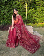 Vamsee Aaisa Maroon Organza Saree | Grocsy