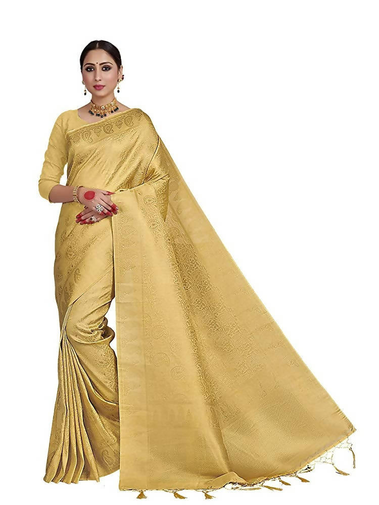 Vardha Women's Beige Color Kanchipuram Raw Silk Saree with Unstitched Blouse Piece | Grocsy