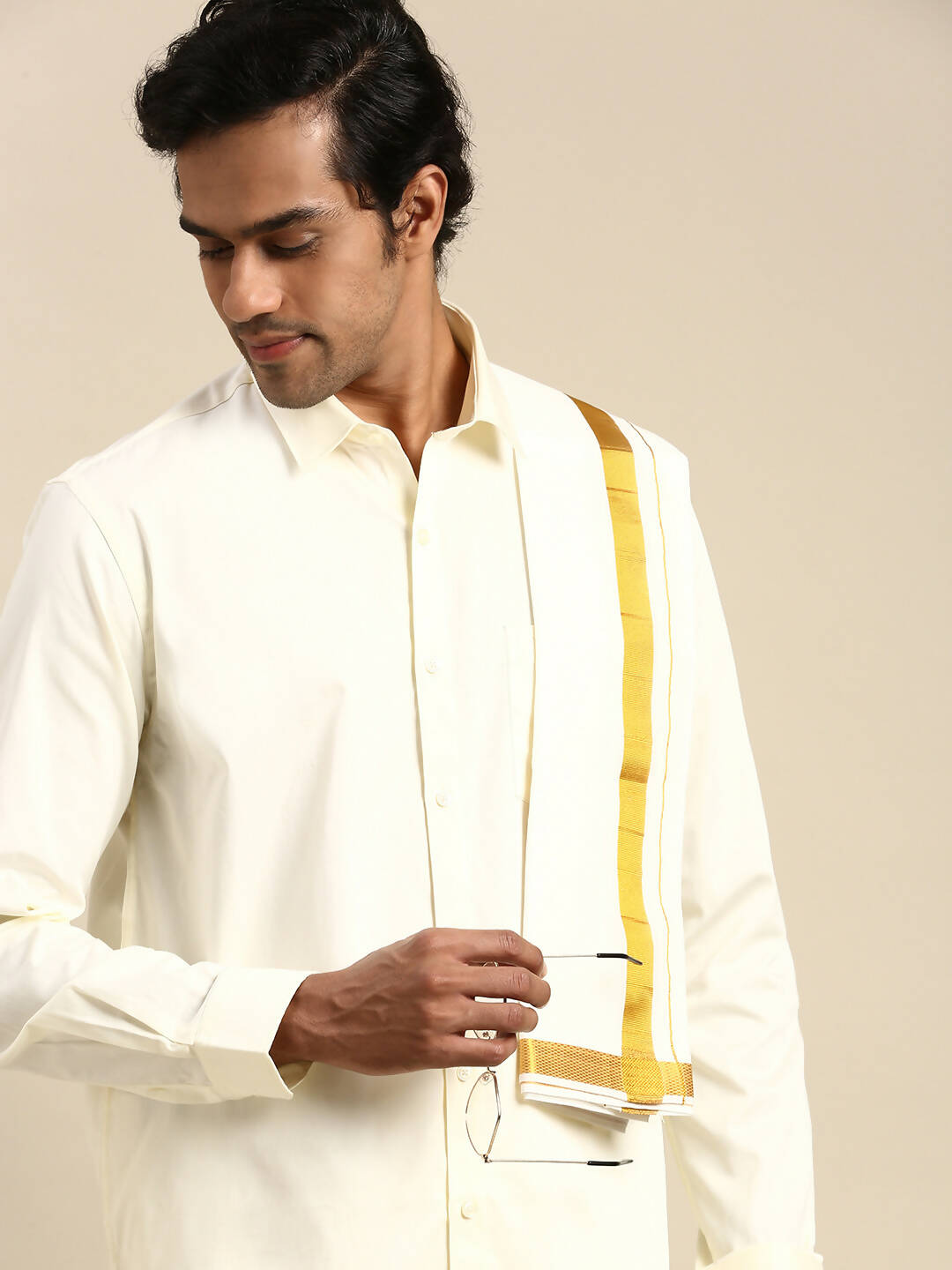 Ramraj Cotton Wedding Cream Zari Dhoti with shirt Bit & Towel Set Subamangalam 50k | Grocsy