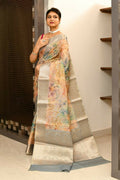 Joban Fashion Grey & Orange Saree Tissue Digital With Embroidery | Grocsy