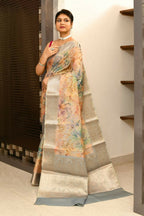 Joban Fashion Grey & Orange Saree Tissue Digital With Embroidery | Grocsy