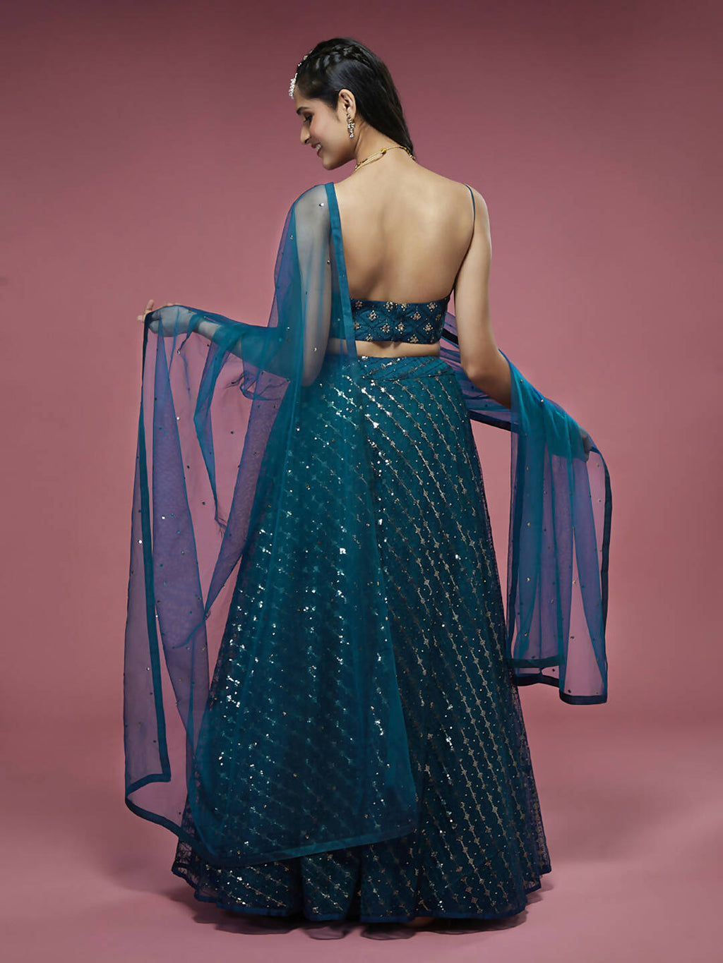 House of Panchhi Teal Net Sequinse Embroidered Lehenga & Blouse with Dupatta | Grocsy