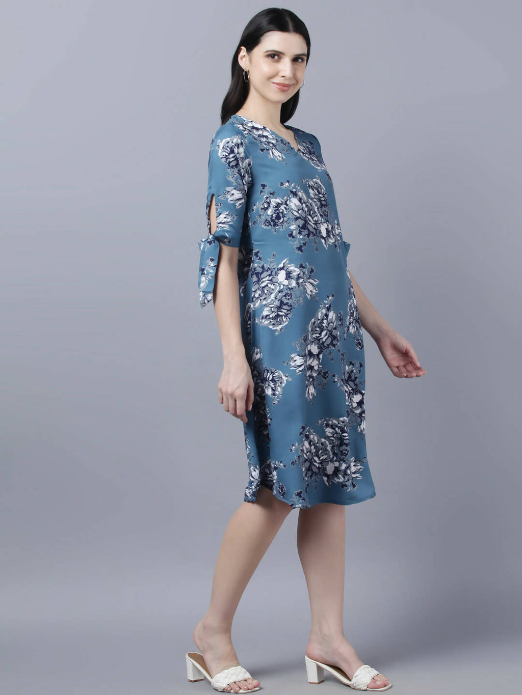 Myshka Women Teal Blue Grey Printed A-line Dress | Grocsy