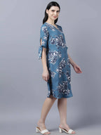 Myshka Women Teal Blue Grey Printed A-line Dress | Grocsy