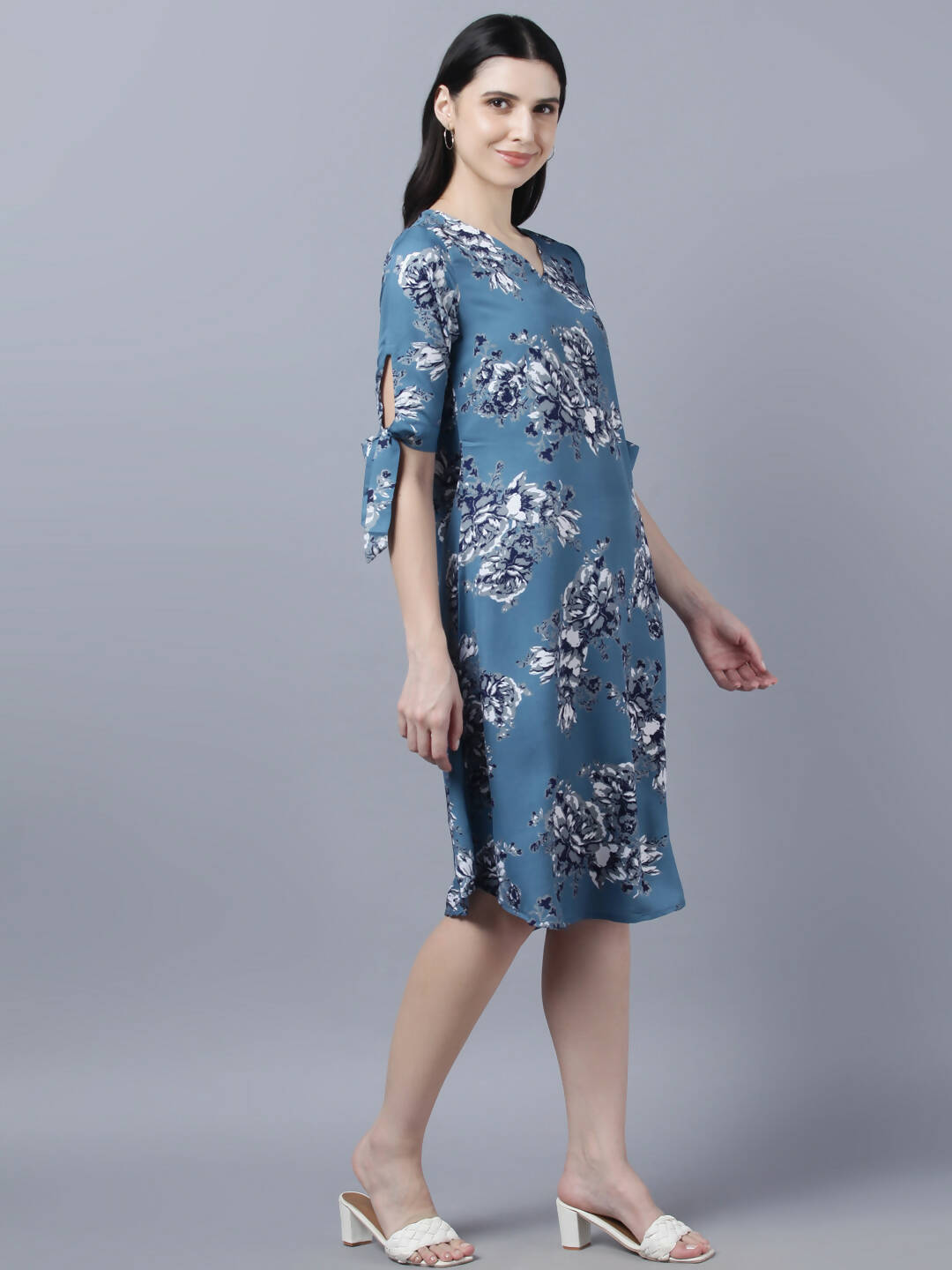Myshka Women Teal Blue Grey Printed A-line Dress | Grocsy