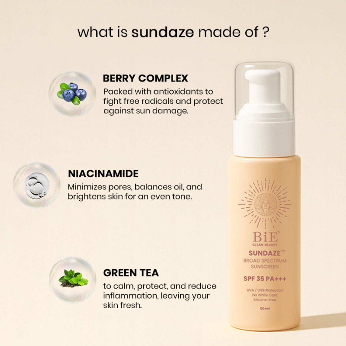 BiE Sundaze Natural Sunscreen SPF 35 PA+++ with Niacinamide | Grocsy