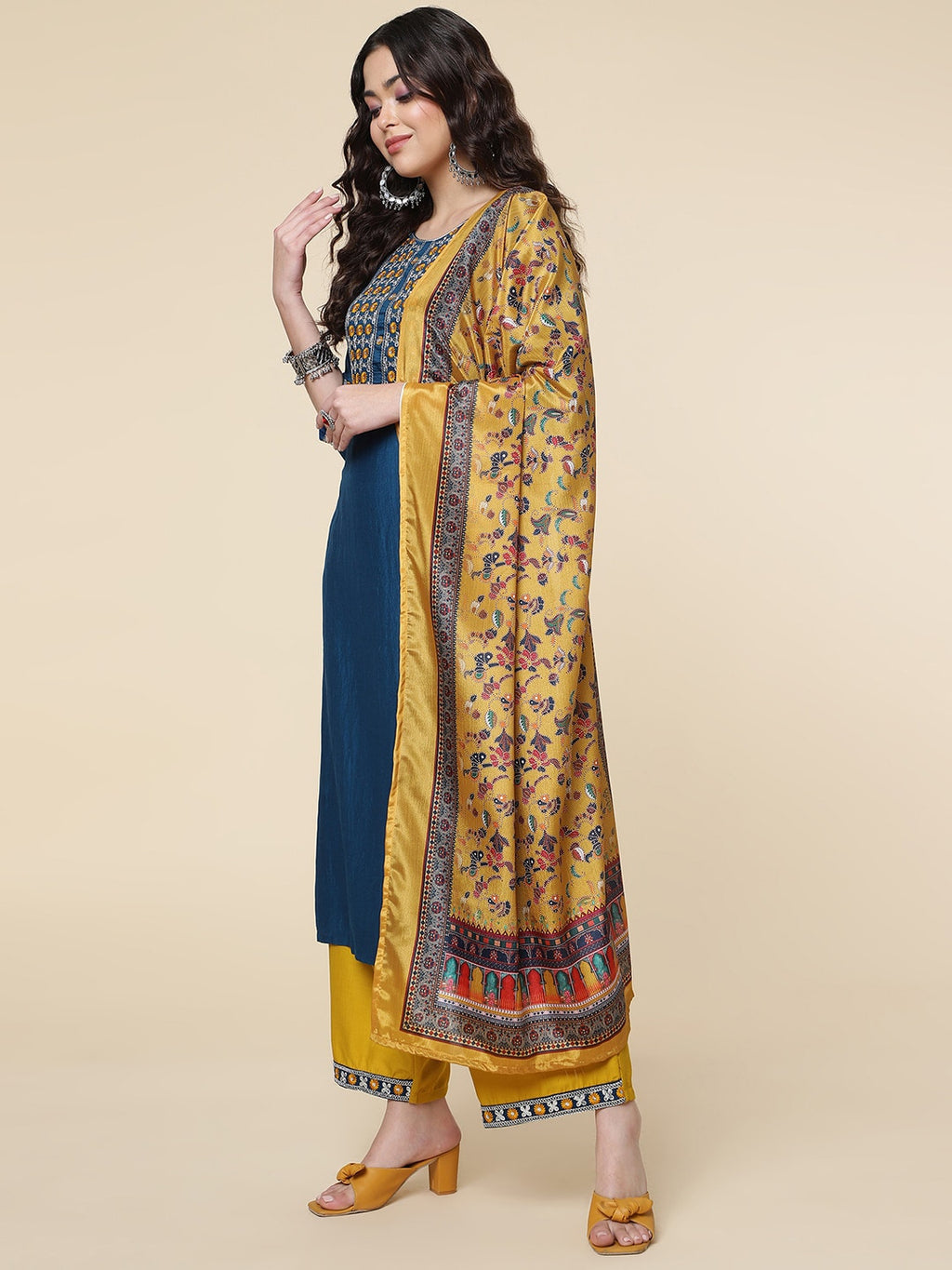 HERE&NOW Ethnic Motifs Embroidered Mirror Work Jute Silk Kurta with Trousers & Dupatta | Grocsy