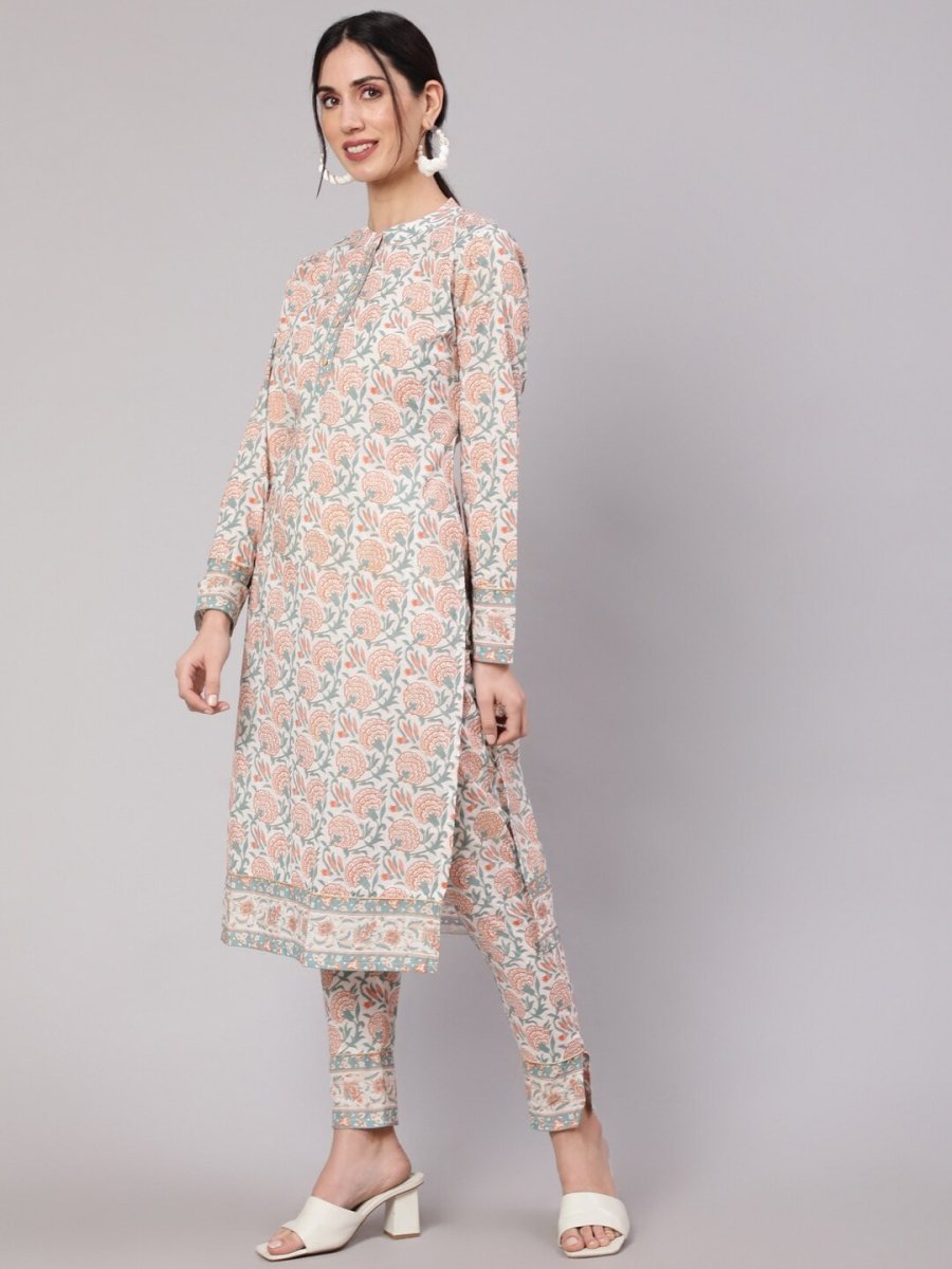 Aks Floral Printed Pure Cotton Kurta With Trousers | Grocsy