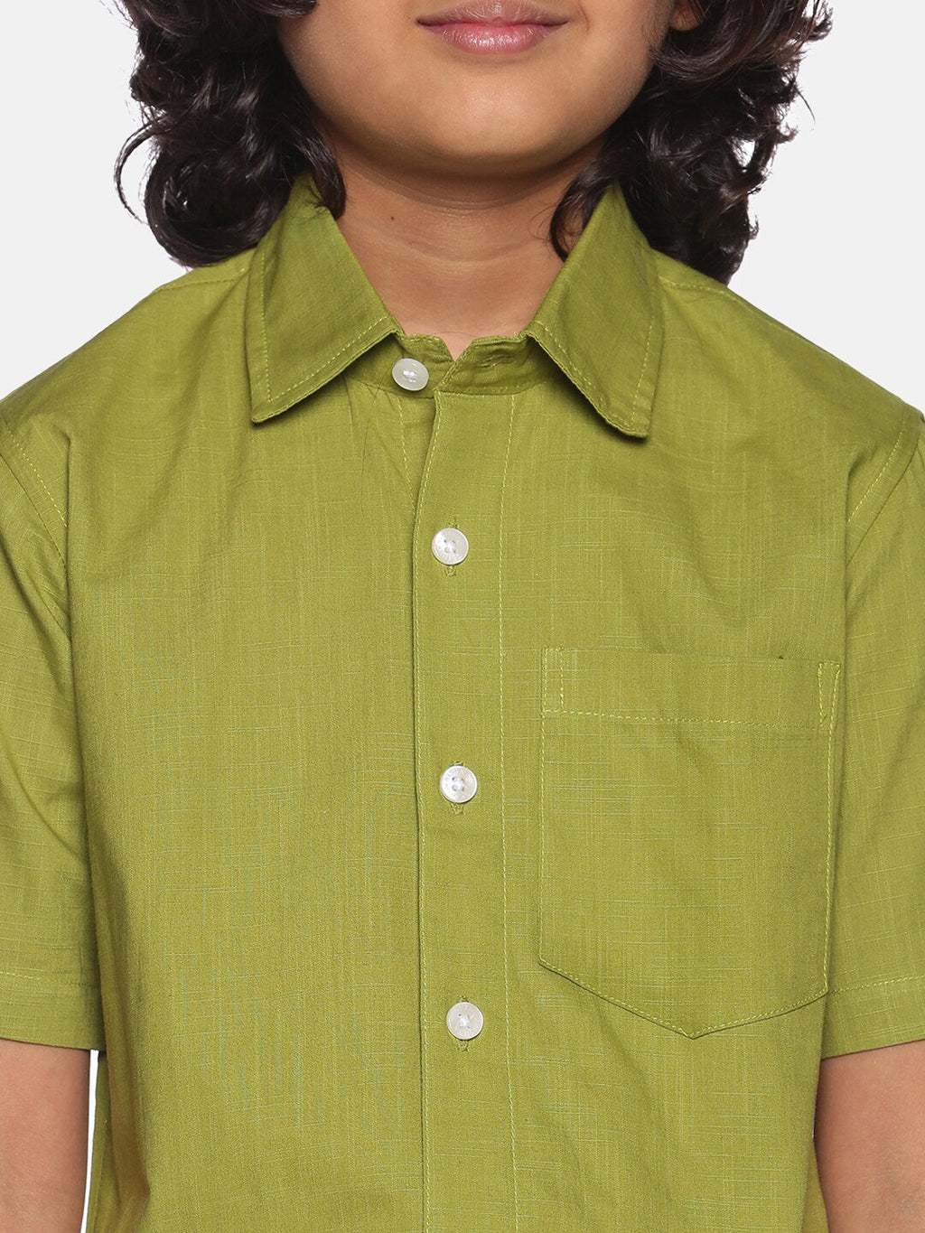 Sethukrishna Boys Green & White Solid Pure Cotton Shirt with Readymade Dhoti | Grocsy