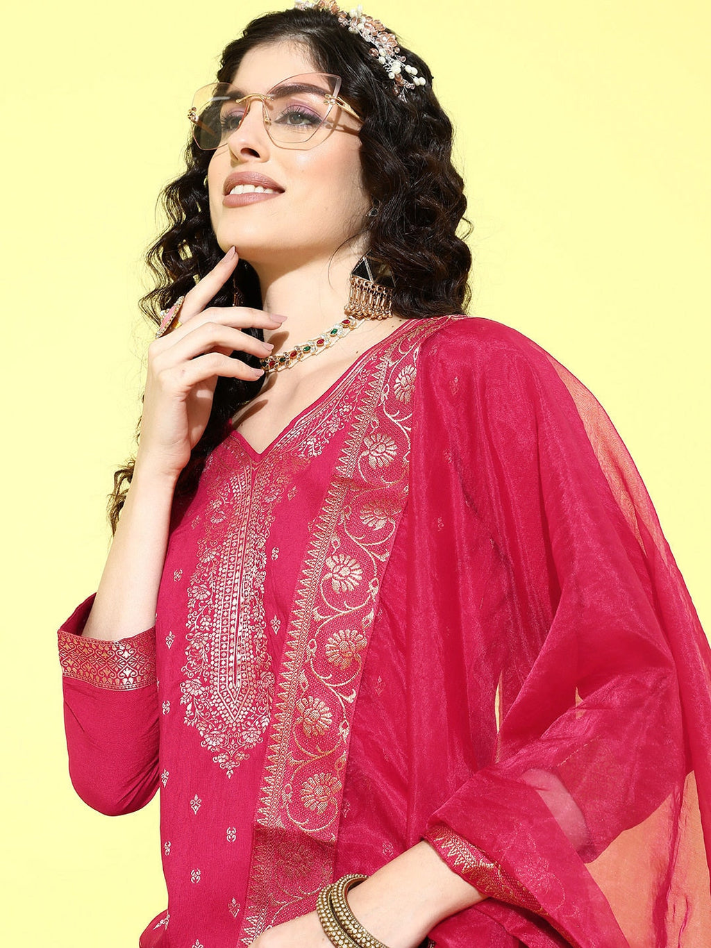 Sangria Floral Yoke Design Jacquard Kurta with Palazzos & With Dupatta | Grocsy